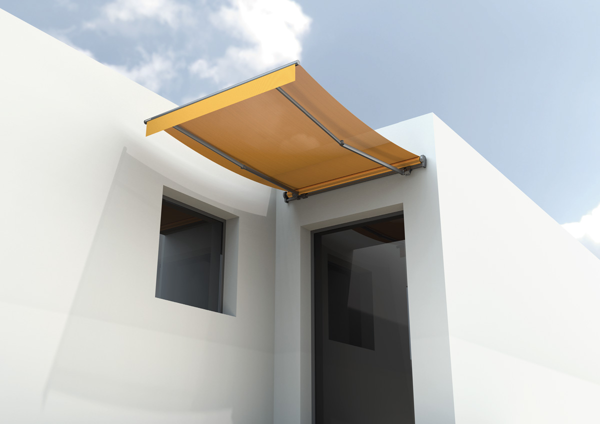 Ausgefahrene gelbe weinor Terrassen-Markise Topas II MiniMax an einer modernen weißen Hausfassade.